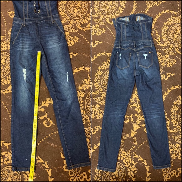 Bebe Lace-up Distressed Denim Strapless Jumpsuit - Picture 9 of 12